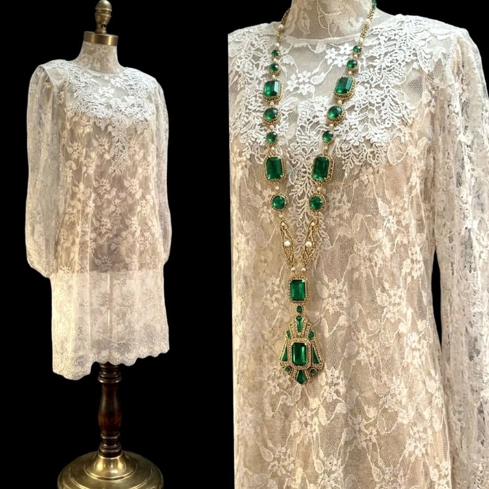 Whimsigoth Coquette VTG 80s does 20s Silver Gray Sheer Lace Pearl Back Dress L